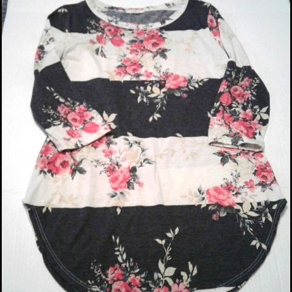 12PM by Mon Ami Floral Navy Stripes 3/4 Sleeve Knit Tunic Top Loungewear S
